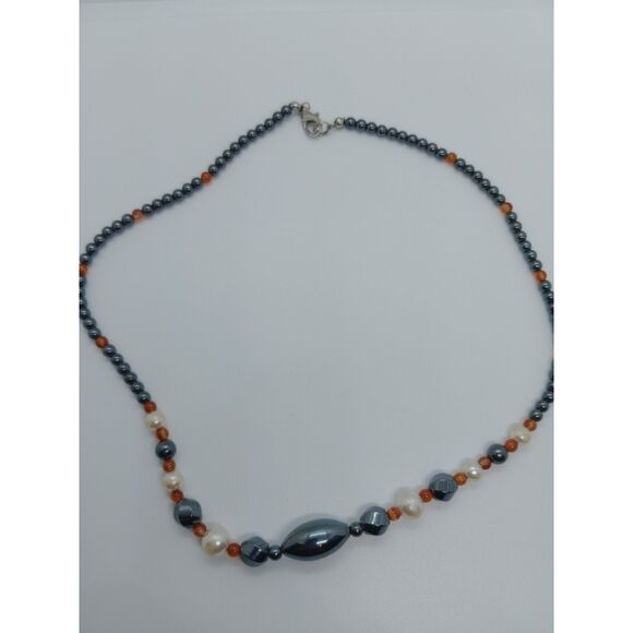 Hematite Faux Pearl Orange Beaded Silver Tone 20" Lobster Clasp Necklace - Picture 2 of 6